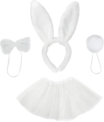 Disfraz de Conejo Pascua para niña - 4 piezas con vestido tútú blanco, orejas y cola, regalo pascua divertido