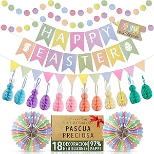 Guirnalda decoración Pascua premium reutilizable conejo huevos papel panal