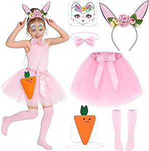 Disfraz Conejito 6 piezas para niña - Incluye falda tútú, diadema orejas, nariz, pajarita, cola, tatuaje, regalo pascua deluxe