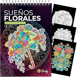 Libro de colorear para adultos Finoly Flores edición Noche A4, mindfulness antiestrés sin traspaso de tinta