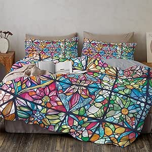 Funda nórdica geométrica pastel con estampados florales - bedding estético 2026