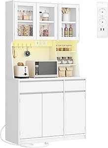 Alacena de cocina blanca con luz LED integrada y 2 cajones - Almacenamiento modular cocina de alta capacidad para soluciones integrales