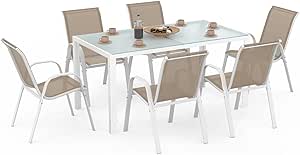 Conjuntos de jardín baratos: Mesa IDMarket Madrid de 150cm con 6 sillas en blanco y beige