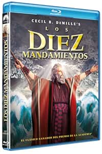 Portada de la edición en Blu-ray de Los Diez Mandamientos con Charlton Heston en un fondo azul