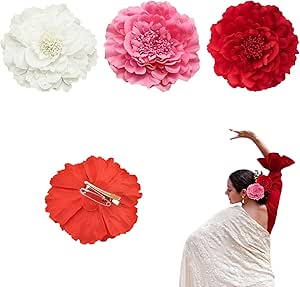 Pack 3 Clips de Pelo de Clavel para Flamenca, Flor Flamenca Pelo, Peineta Flamenca y Accesorios para la Feria de Abril, Sevillana, Boda y Fiesta, Rosa, Rojo, Blanco