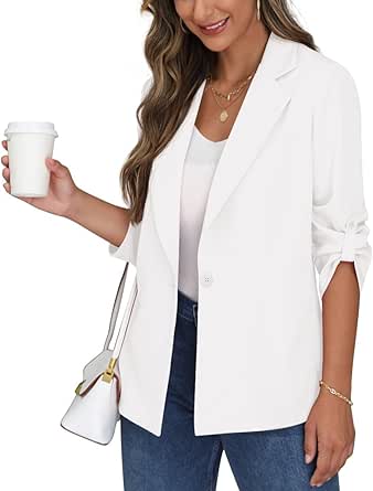 PrinStory Blazer Blanco Mujer - Manga Ajustable, Corte Elegante