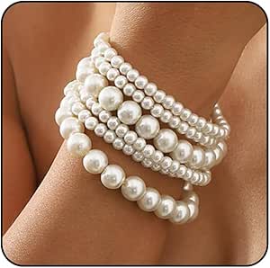 FloralGrace Set de 6 Pulseras de Perlas Blancas Hechas a Mano