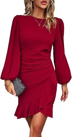 Vestido de mujer elegante manga larga con dobladillo volante para invitada